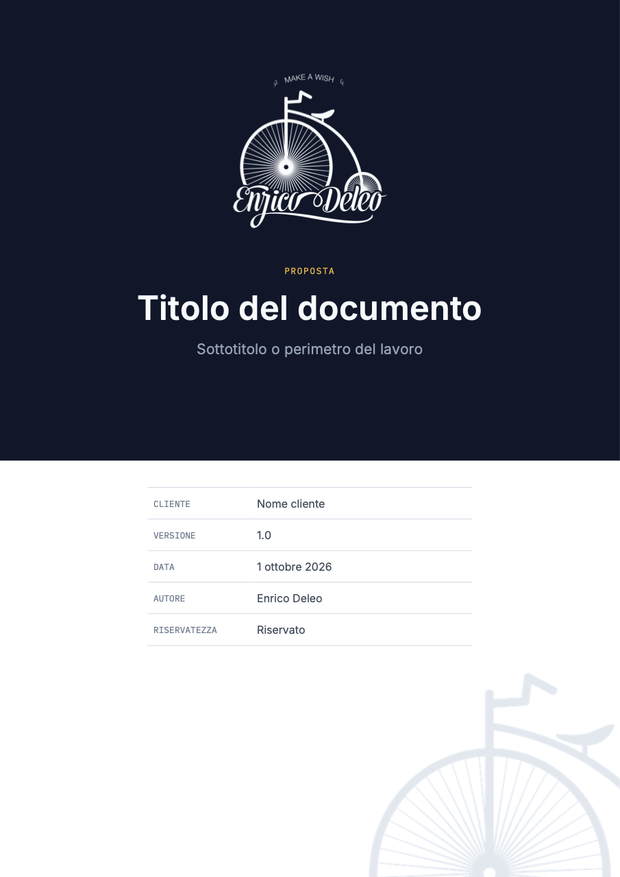 Copertina del documento: logo, tipo, titolo, sottotitolo e tabella dei dati